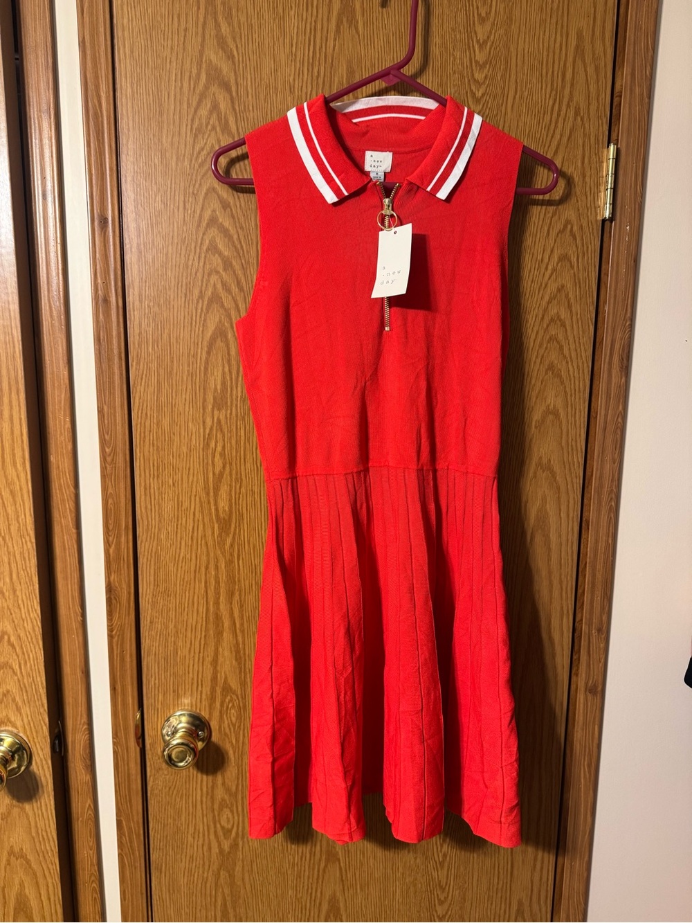 a new day Red Sleeveless Polo Dress with White Collar Stripes